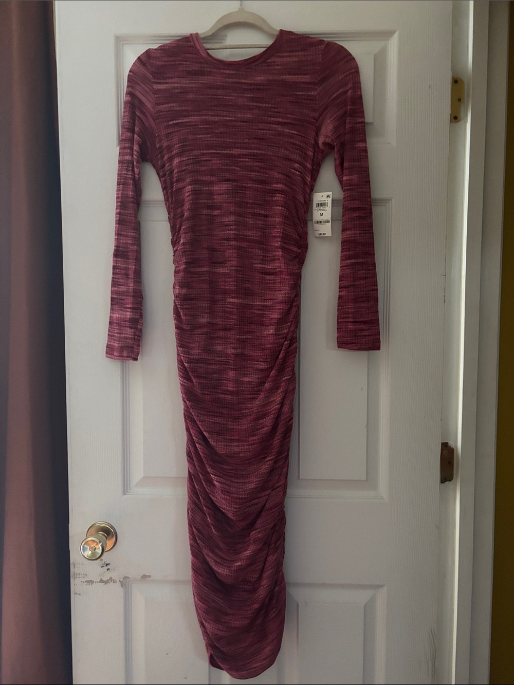 Ruched Long-Sleeve Midi Dress in Wine